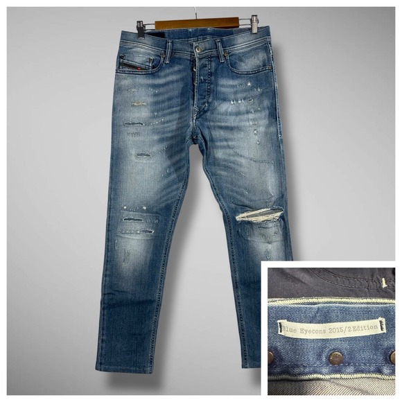 Diesel‎ Tepphar Men's Jeans 30x27 Slim Skinny Italy Blue Eyecons Distressed Hem - Picture 1 of 15